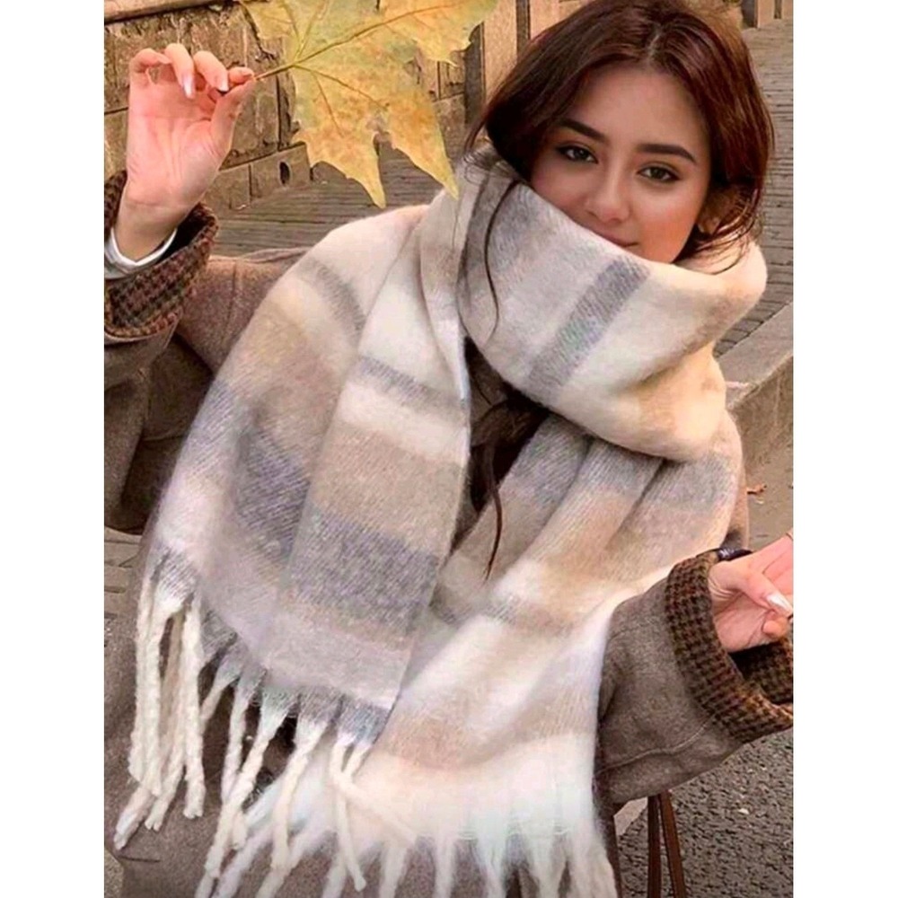 Cozy Plaid‎ Fringe Scarf Oversized Warm Winter Fashion Accessory